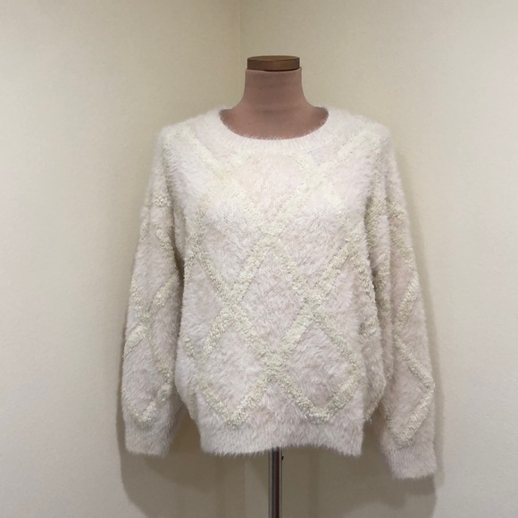 Anthropologie Raga Sweater Size Medium Ecru Cream Windowpane Fuzzy Knit - Picture 2 of 10